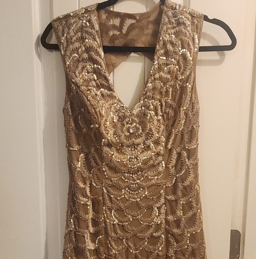 Sue Wong Nocturne Gold Sequin Fringe Dress – Size 0 – Art Deco Glam